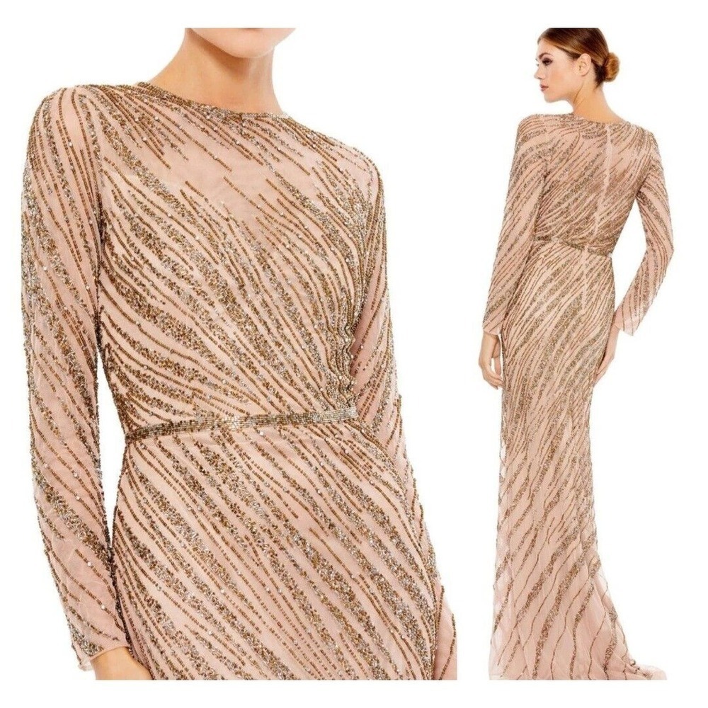 Mac Duggal Blush Rose Gold Sequin Long Sleeve Maxi Gown